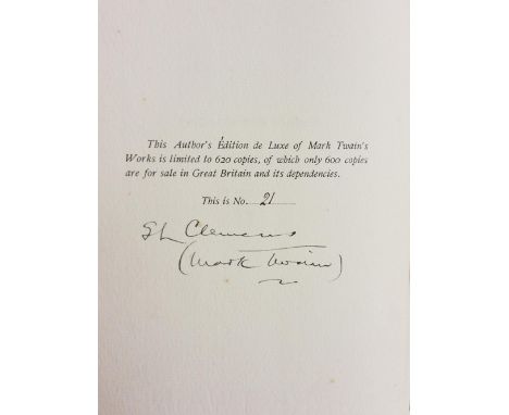 Twain (Mark) . The Writings of Mark Twain, 22 volumes, Author's Edition De Luxe, 1899, volume 1 signed by the author to the l