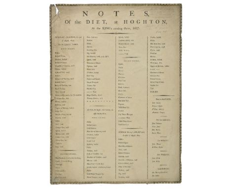 Broadside Menu. Notes, of the Diet, at Hoghton, at the King's coming there, 1617, [privately printed by Sir Henry Hoghton], c