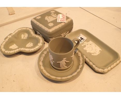 Four pieces of green Wedgwood jasperware  including pin dish and trinket box etc