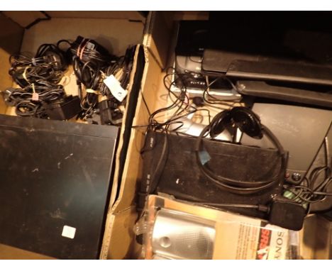 Three boxes of mixed games console and PC accessories and a quantity of internet routers