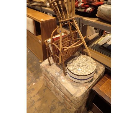 Upholstered pouffe sewing box with contents wicker magazine rack etc