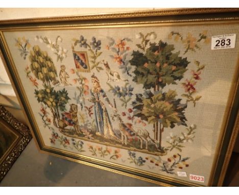Framed and glazed tapestry of Regal scene with animals 60 x 47 cm CONDITION REPORT: Unfortunately we cannot advise a date of 