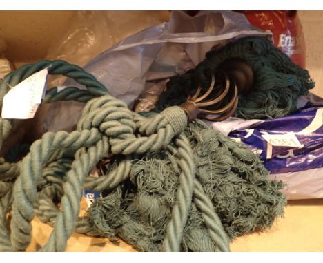 Two bags of mixed size white curtains and a bag of curtain tie backs