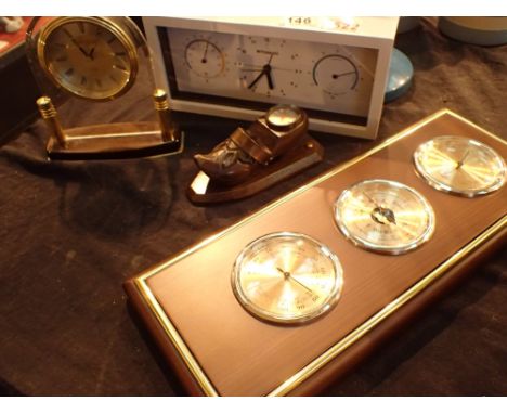 Two small wall weather stations with modern mantel clock and novelty clog thermometer 