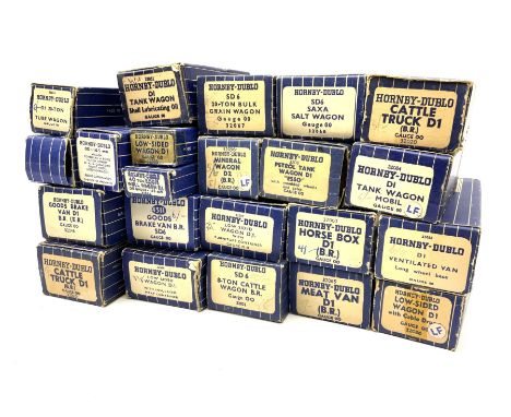 Hornby Dublo - twenty-two wagons including Cattle Trucks; Low-Sided Wagons; Cable Drum Wagon; Tank Wagons for Shell Lubricati