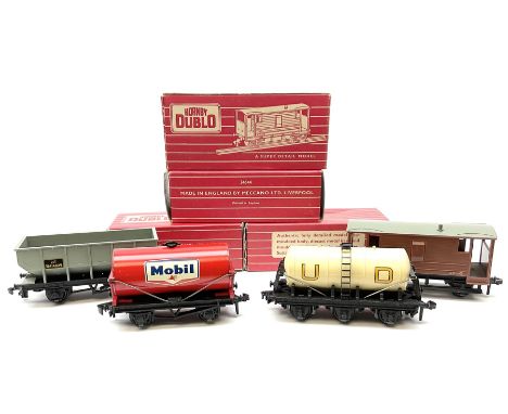 Hornby Dublo - 4644 21-Ton Hopper Wagon; 4310 Goods Brake Van M.R. (SD6); 4677 Tank Wagon 'Mobil' (D1); and 4657 'United Dair