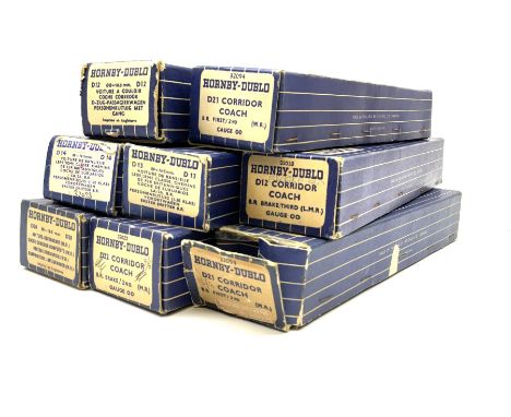 Hornby Dublo - eight coaches comprising D12 First L.M.S.; 32018 D12 Corridor Coach B.R. Brake/3rd (L.M.R.); 32090 D13 Suburba