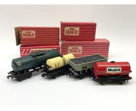 Hornby Dublo - 4685 Caustic Liquor Bogey wagon in wrong box; 4644 21-Ton Hopper Wagon; 4657 'United Dairies' Milk Tank Wagon;
