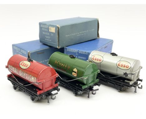 Hornby Dublo - Petrol Tank Wagon D1 'Power Ethyl'; Oil Tank Wagon D1 'Royal Daylight'; and Petrol Tank Wagon D1 'Esso'; all i