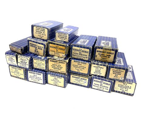 Hornby Dublo - twenty wagons including Cattle Truck; Low-Sided Wagons; Cable Drum Wagon; Tank Wagons for Shell Lubricating Oi