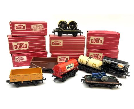 Hornby Dublo - 4646 Low-Sided Wagon D1 with cable drums; 4649 Low-Sided Wagon with tractor; 4656 16-Ton Mineral Wagon brown i
