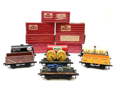 Hornby Dublo - 4646 Low-Sided Wagon D1 with cable drums; 4649 Low-Sided Wagon with tractor; 4656 16-Ton Mineral Wagon brown; 