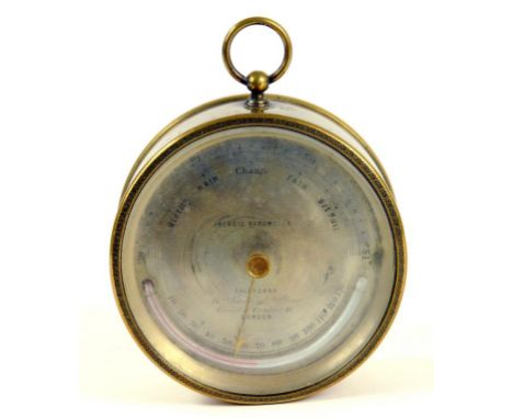 A VICTORIAN BRASS ANEROID BAROMETER THE SILVERED DIAL INSCRIBED CALLAGHAN 23A NEW BOND STREET CORNER OF CONDUIT STREET LONDON
