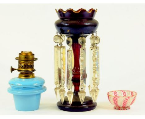 A VICTORIAN RUBY GLASS LUSTRE, A 19TH CENTURY BLUE GLASS LAMP FOUNT WITH BRASS BURNER AND A VENETIAN FILIGRANA GLASS BOWL