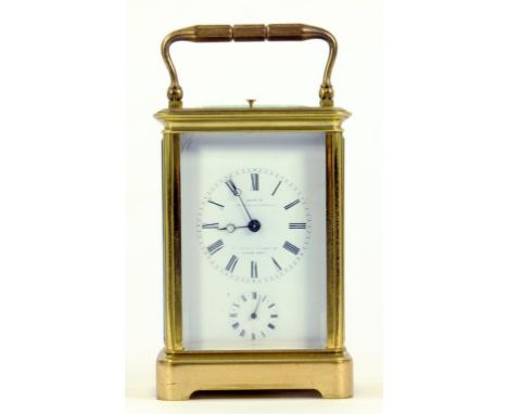 A FRENCH BRASS CARRIAGE CLOCK, THE ENAMEL DIAL INSCRIBED ROBIN... PALAIS ROYAL WITH SUBSIDIARY ALARM DIAL, THE MOVEMENT WITH 