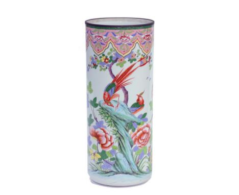 A FRENCH PORCELAIN CYLINDRICAL STICK STAND DECORATED IN 'FAMILLE ROSE' WITH CHINESE BIRDS AND FLOWERS, BRASS RIM, LATE 19TH C