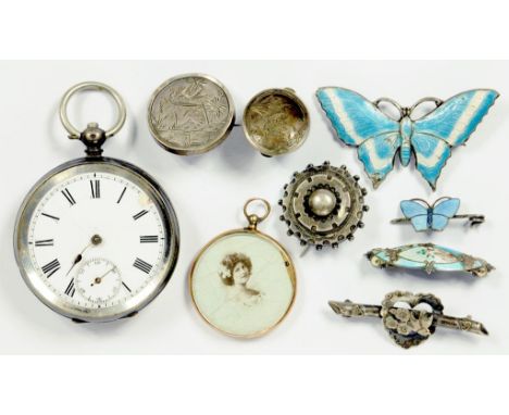 A SILVER LEVER WATCH, A SILVER AND ENAMEL BUTTERFLY BROOCH, A SILVER SOLITAIRE, ETC