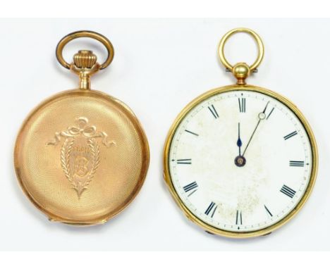 A FRENCH GOLD CYLINDER WATCH, SIGNED ON THE DUST CAP PAUL GARNIER HORLOGER DU ROY, NO 641 AND A LATER GOLD HUNTING CASED KEYL