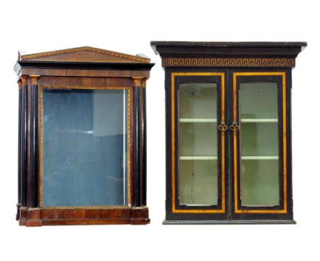 A VICTORIAN PARCEL GILT ROSEWOOD AND EBONISED ARCHITECTURAL STYLE CABINET, WITH TRIANGULAR PEDIMENT AND PILASTERS TO THE DOOR