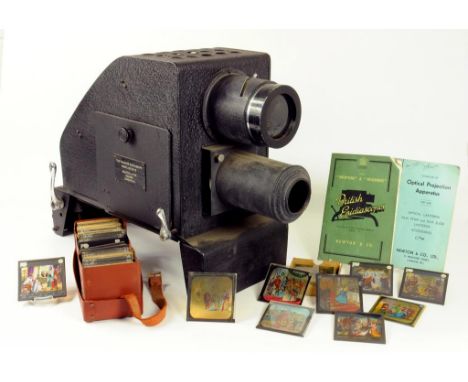 A BRITISH EPIDIASCOPE BY NEWTON & CO AND A QUANTITY OF MAGIC LANTERN SLIDES, ETC
