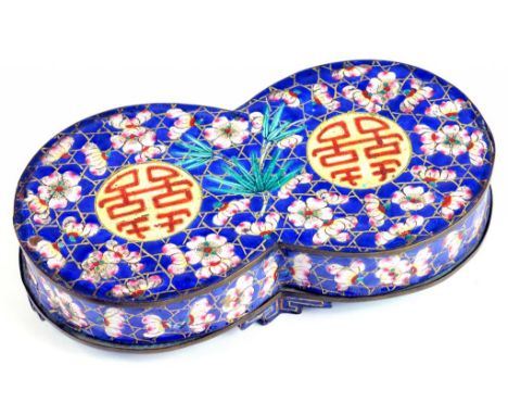 A CANTON PAINTED ENAMEL BOX AND COVER WITH SHOU CHARACTERS ON A BLUE GROUND, PRUNUS AND BAMBOO