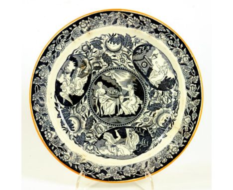 DEATH OF NELSON. AN EARLY 19TH CENTURY BLACK PRINTED CREAMWARE COMMEMORATIVE PLATE WITH OCHRE ENAMEL RIM, CIRCA 1805-10 (CRAC