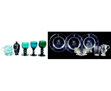 THREE VICTORIAN EMERALD GREEN GLASS WINES, A SPIRALLY REEDED GLASS BEAKER, A GLASS JUG WITH BLUE RIM, TWO ITEMS OF PRESS MOUL