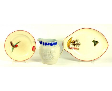 A WEDGWOOD QUEEN'S WARE DESSERT DISH AND PLATE PAINTED WITH BOTANICAL SPECIMENS, CIRCA 1820 AND A WEDGWOOD STONEWARE HUNTING 