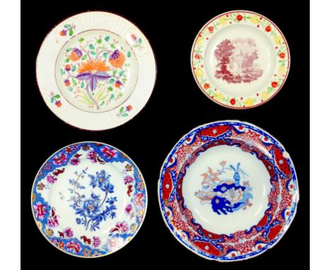 A SPODE STONE CHINA JAPAN PATTERN MESS SOUP PLATE, A CONTEMPORARY SPODE STONE CHINA JAPAN PATTERN SIDE PLATE, A CREAMWARE PLA