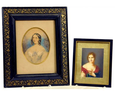 ENGLISH SCHOOL - PORTRAIT MINIATURE OF A LADY, WATERCOLOUR, OVAL AND A FRENCH DECORATIVE PORTRAIT MINIATURE OF A LADY (2)