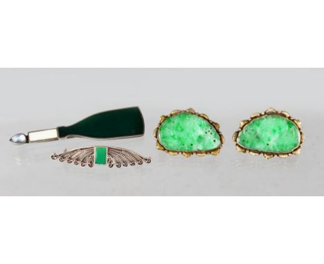 TWO SILVER AND ENAMEL BROOCHES and PAIR OF JADE CLIPS.