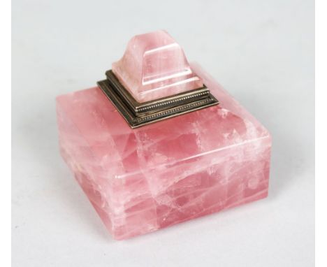 A GOOD SQUARE SILVER MOUNTED QUARTZ INKWELL. 2.25ins.