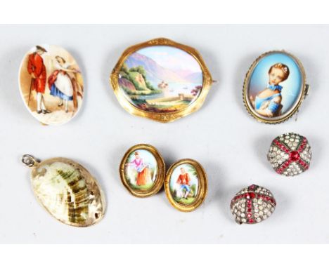 A VICTORIAN PORCELAIN LANDSCAPE BROOCH, a portrait miniature brooch and others etc.