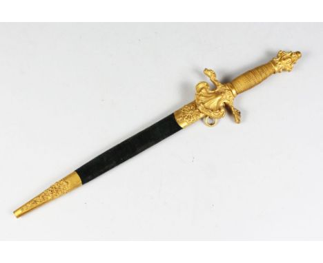 A GEORGIAN STYLE DIRK, 20TH CENTURY, with cast ormolu hilt, wire bound grip, tapering double edge steel blade in an ormolu an