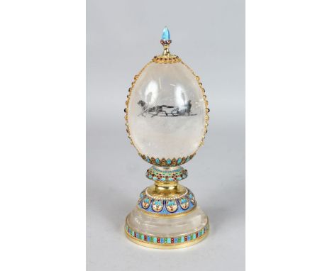 A SUPERB RUSSIAN SILVER, ENAMEL AND ROCK CRYSTAL EGG. 9.5ins high.