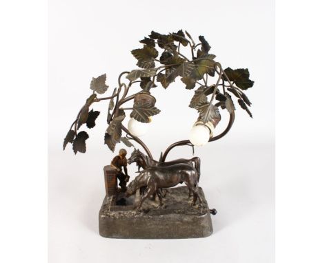 A GOOD BRONZED GROUP, TWO HORSES WATERING AT A WELL, a young girl looking up (converted to a lamp). 17ins high.