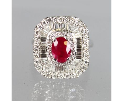 A SUPERB 18CT WHITE GOLD, BAGUETTE DIAMOND AND RUBY DRESS RING.