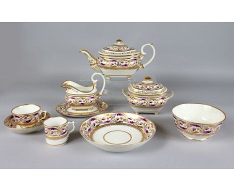 A SUPERB MAUVE BLOOR DERBY MARK TEA AND COFFEE SET, CIRCA. 1820, Pattern No. 40, comprising teapot, cover and oval stand, two