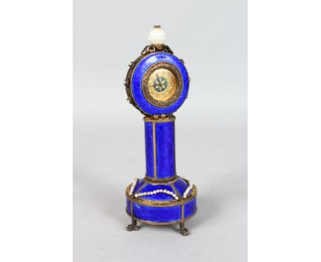 A LOVELY SILVER AND BLUE ENAMEL COLUMN CLOCK, POSSIBLY RUSSIAN, set with pearls.  7ins high.