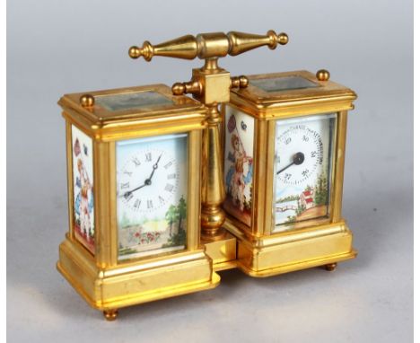 A DOUBLE BRASS CARRIAGE CLOCK AND BAROMETER, with carrying handle.