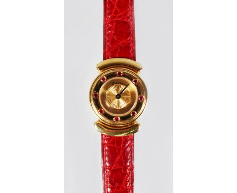 AN 18CT YELLOW GOLD DIAMOND CHAMELEON  WRISTWATCH set with diamond, ruby and emerald, on a leather strap in original case.