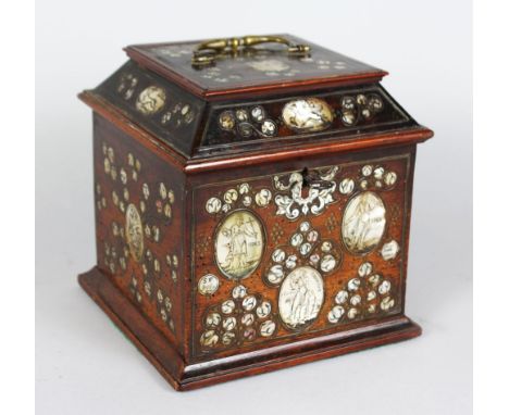 A VERY GOOD 18TH CENTURY TWO-DIVISION SQUARE TEA CADDY, inlaid with mother-of-pearl ovals "FIDES", "SPEC", "CHARITAS", and ot