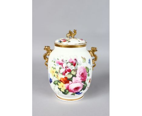 A 19TH CENTURY SUPERB POT POURRI, COVER AND INNER COVER with dragon handles and finial finely painted with roses, morning glo
