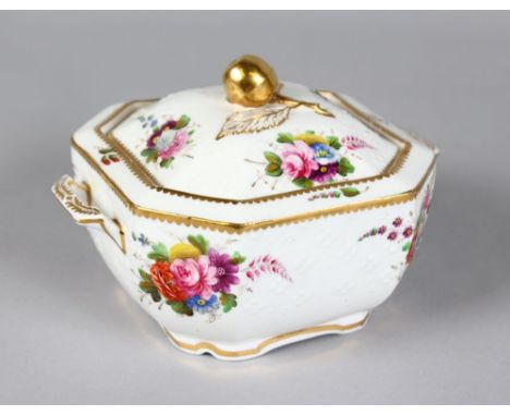 A 19TH CENTURY SPODE CANTED AND MOULDED SUCRIER, COVER AND STAND painted with flowers, marked Spode 2527.
