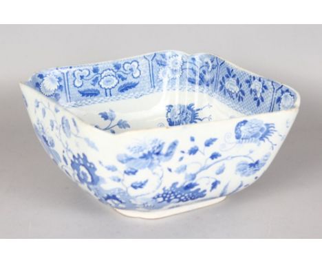 A SPODE SQUARE BLUE AND WHITE BOWL, all-over floral decoration. Impressed Mark.  9ins.