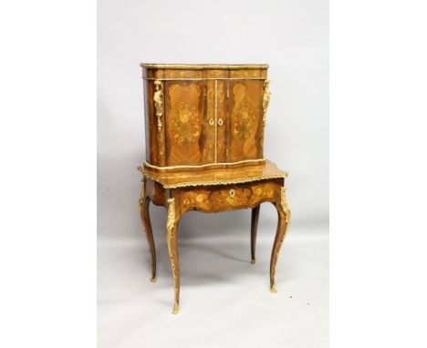 A SUPERB LOUIS XVI DESIGN KINGWOOD AND MARQUETRY CABINET ON STAND with rich ormolu mounts, the top with double panel doors en