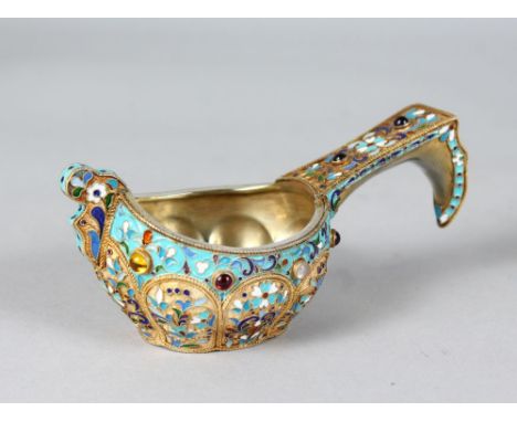 A GOOD RUSSIAN SILVER AND ENAMEL SHAPED QUAICH.  5.5ins long.