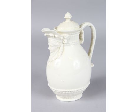 A RARE ROYAL WORCESTER COFFEE JUG AND COVER white glazed with moulded mask head date code for 1892.
