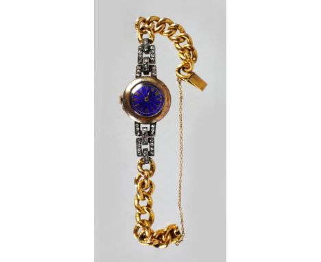 A LADIES YELLOW GOLD DIAMOND SET COCKTAIL WATCH with blue enamel dial.