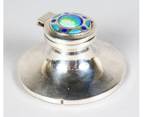 AN ART NOUVEAU CIRCULAR INKSTAND, 3.5ins diameter, with coloured enamel lid. Birmingham 1910.